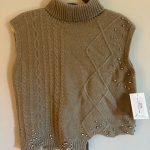 NWT Women’s Taupe Turtleneck Sweater Vest with Embellishments and raw edges